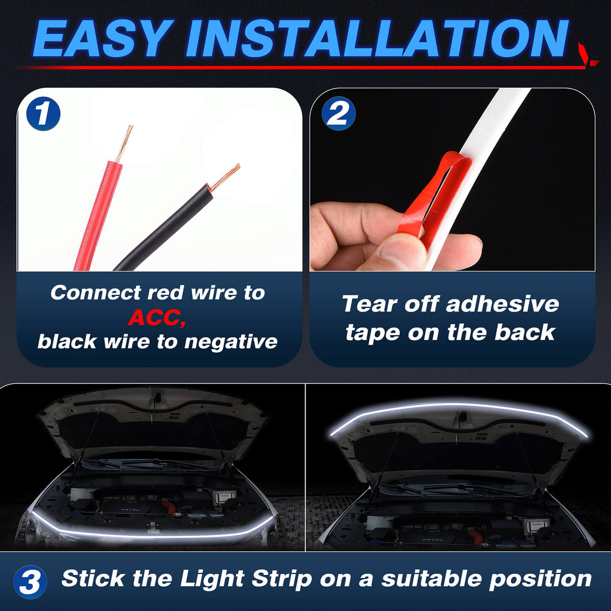 Car Hood Light Strip, Flexible Exterior Car LED Strip Lights Waterproof (White)