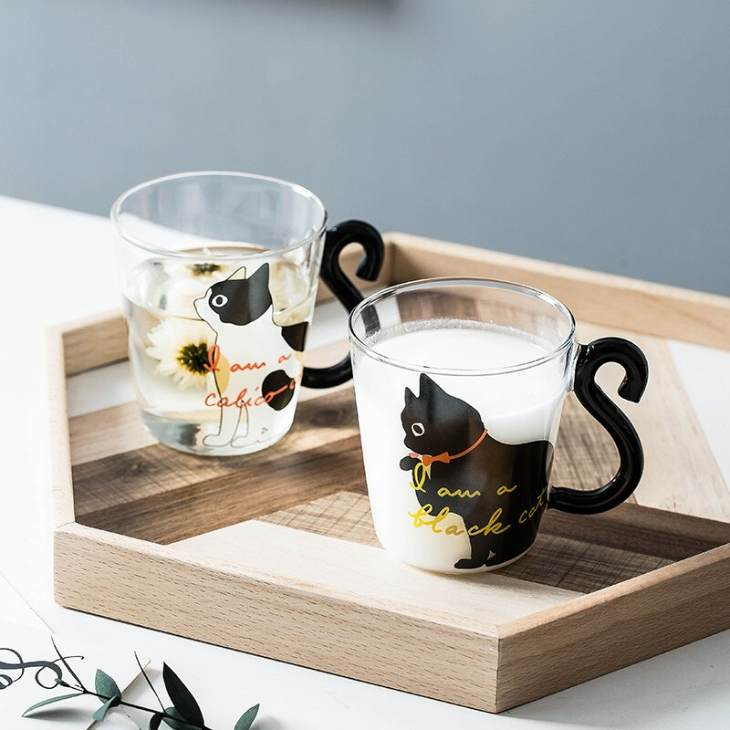 Glass Water Cup Creative Cute Cat Mug Tail Handle - Black