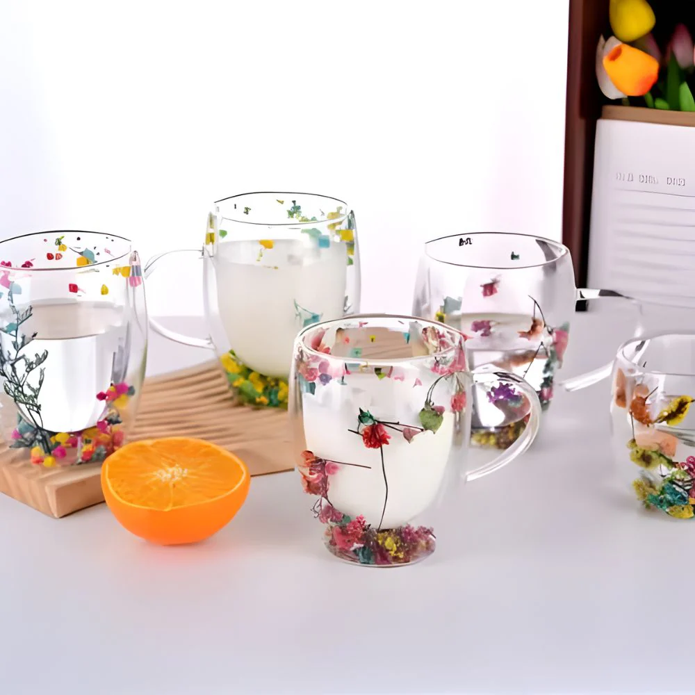 Insulated Double Glass Mug Flower
