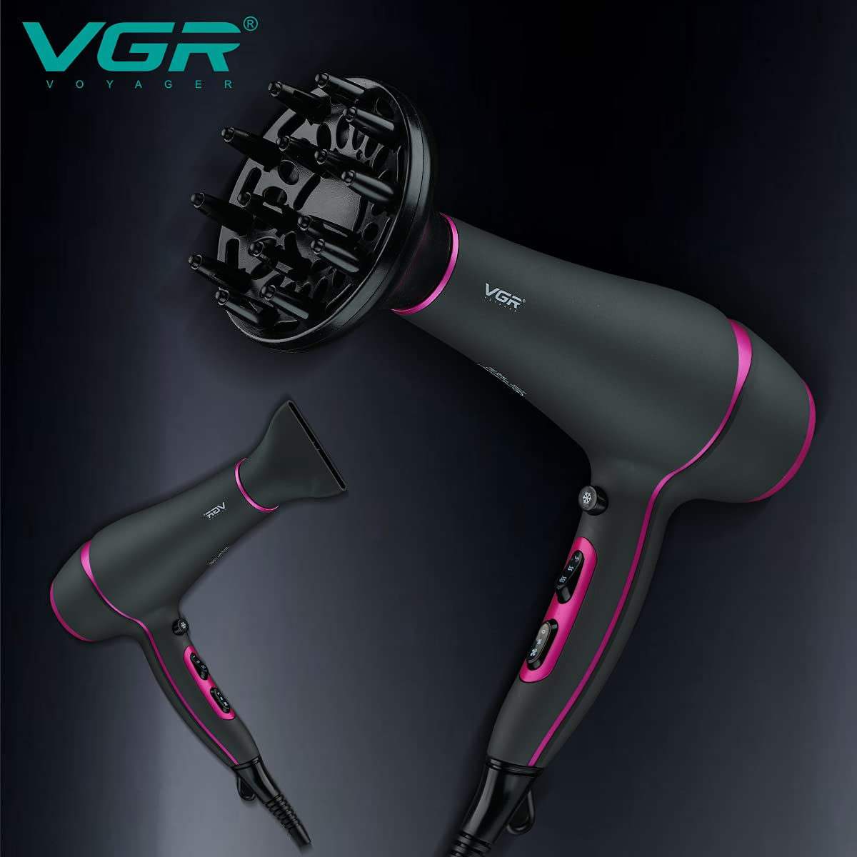 Vgr Professional Hair Dryer V402 - With Diffuser, Gray With Pink 2200W 3 Heating Settings