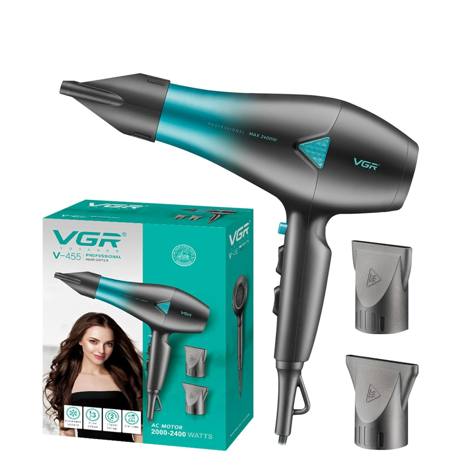 VGR V455 Professional Hair Dryer for both men and women, Independent Cool Shot, 3 Heat and 2 Speed Settings, Detachable Rear Cover