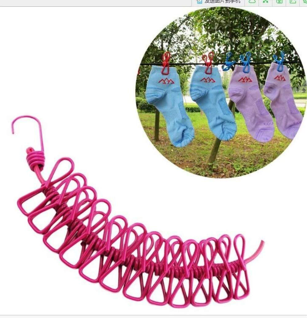 Portable Elastic Rope Clothesline Adjustable with 12pcs Clothespins (Purple)