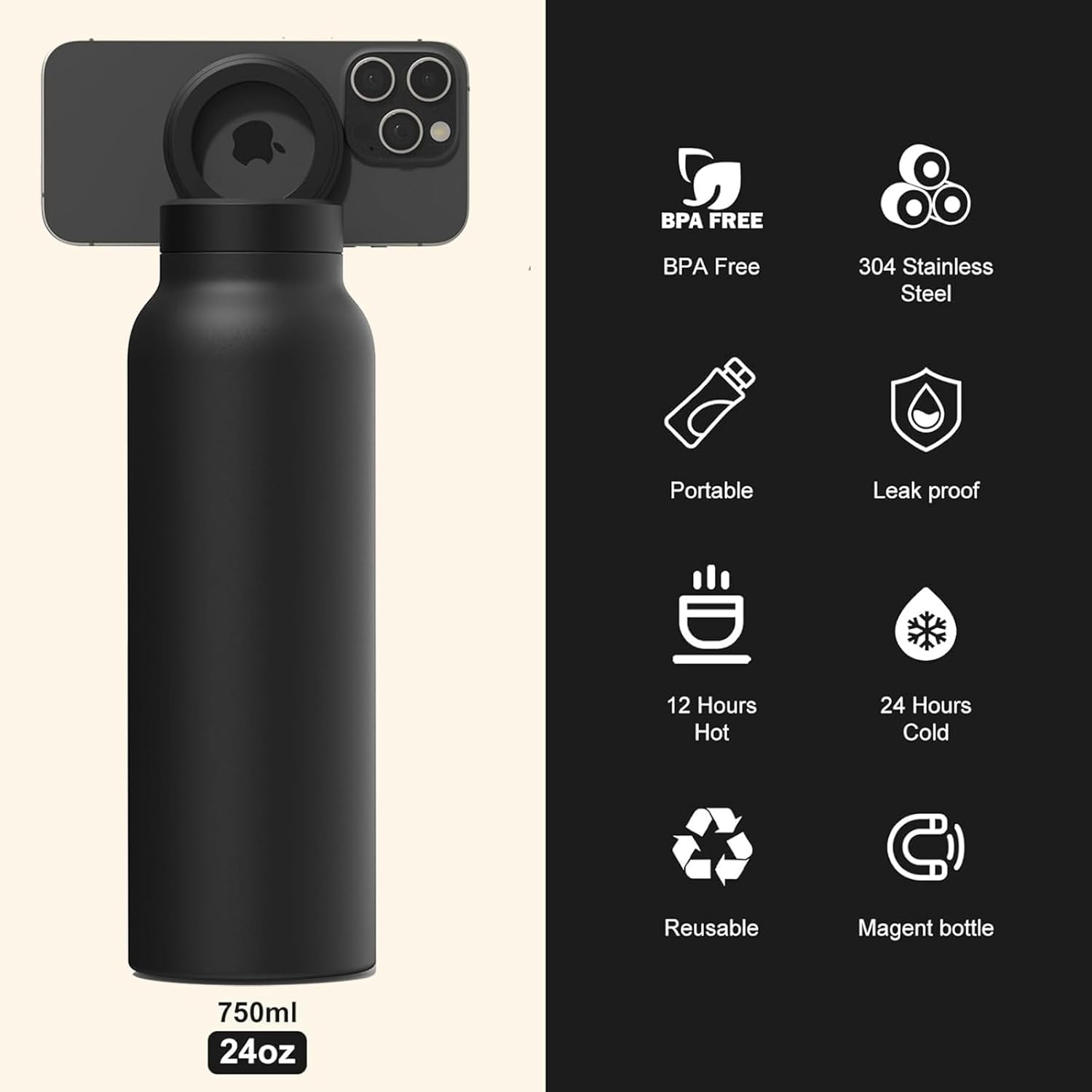 nsulated Water Bottle with Magnetic Phone Holder | Stainless Steel Tumbler Compatible with MagSafe for Gym, Car, & Sports
