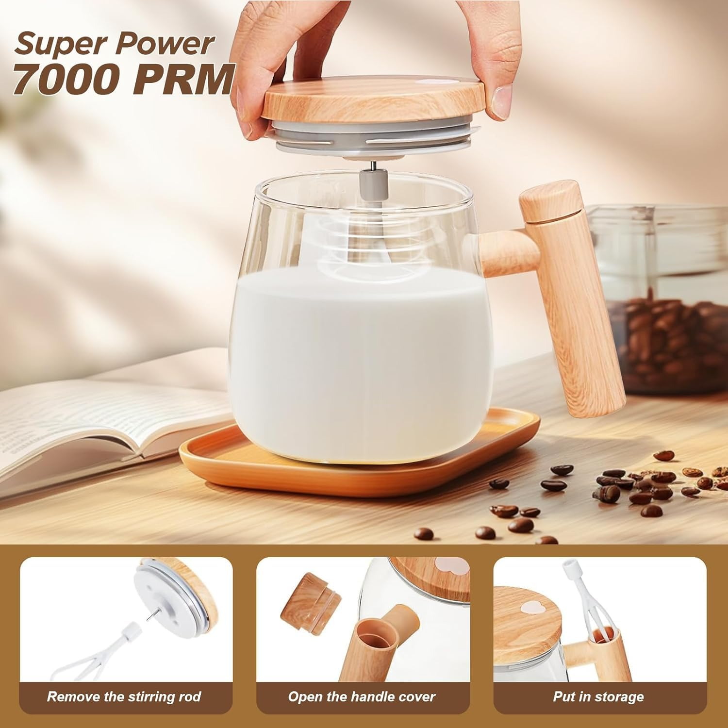 Self Stirring Coffee Mug, Glass Electric Self Mixing Cup with Lid & Handle