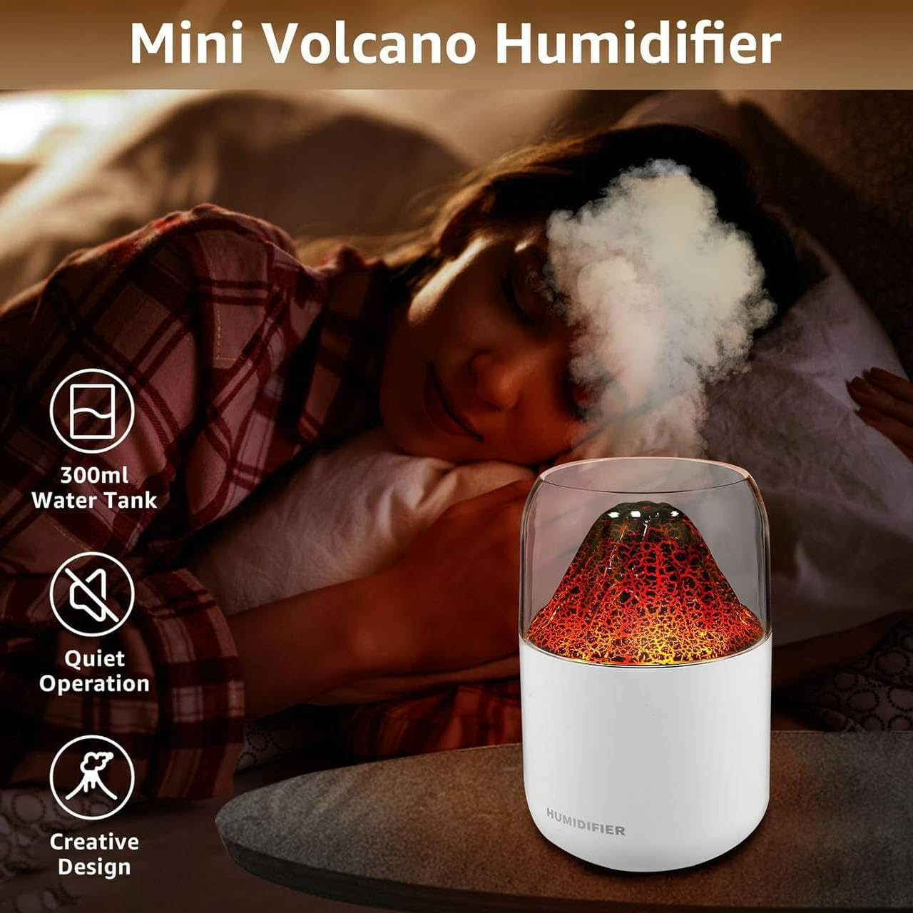 Mini Volcano Cool Mist Humidifier – 300ml Air Moisturizer with LED