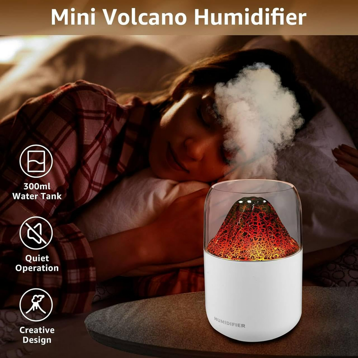 Mini Volcano Cool Mist Humidifier – 300ml Air Moisturizer with LED ...