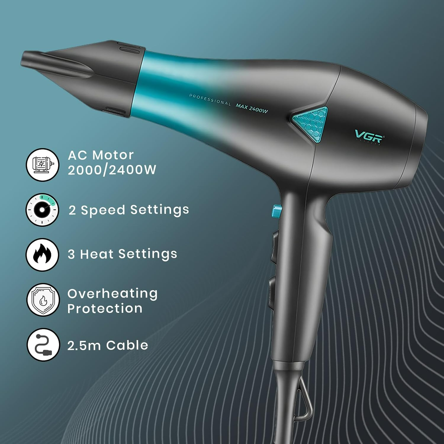 VGR V455 Professional Hair Dryer for both men and women, Independent Cool Shot, 3 Heat and 2 Speed Settings, Detachable Rear Cover