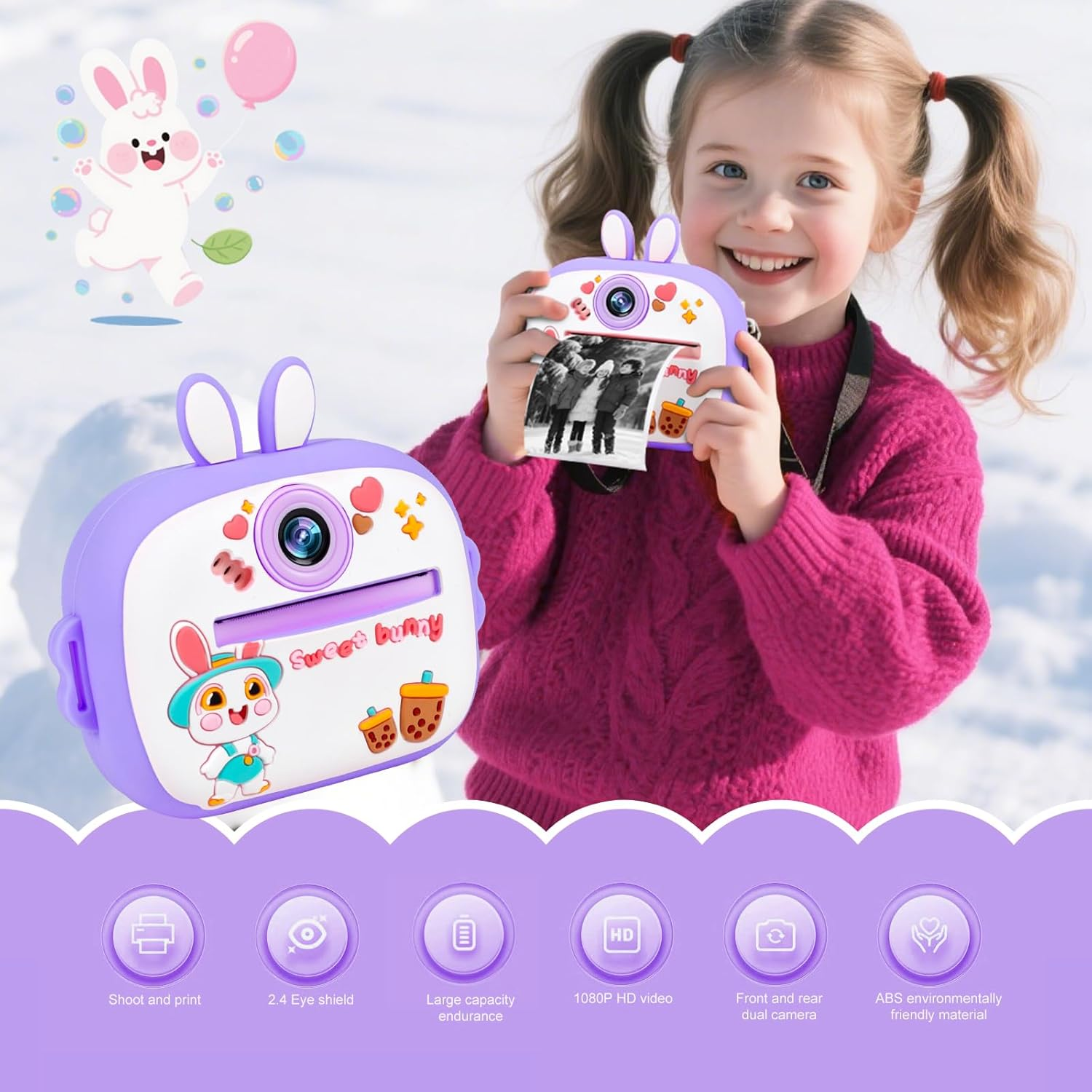 Kids Instant Print Camera with 2.4" Screen, 1080P HD Printer Camera