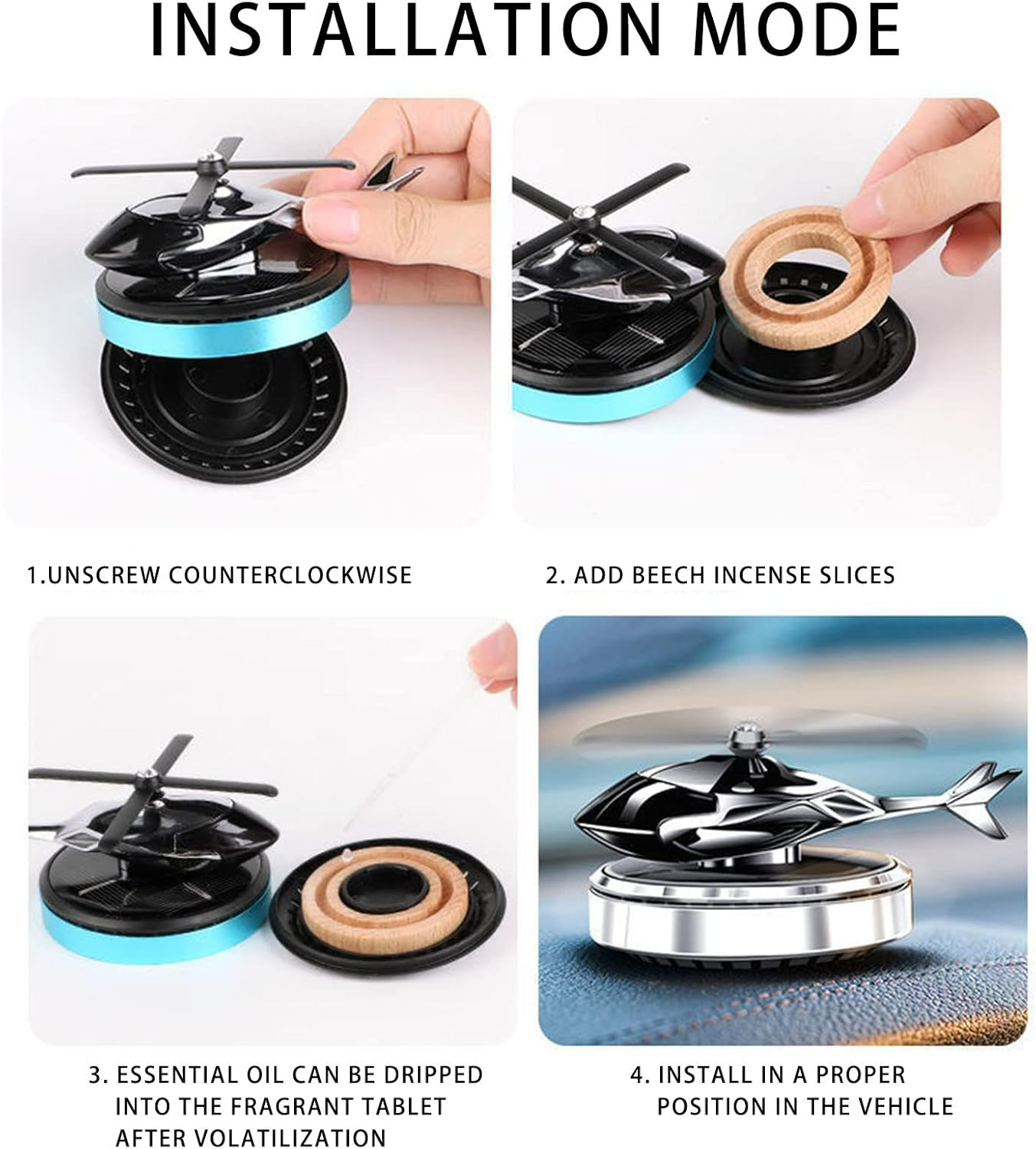 Solar Powered Helicopter Car Air Freshener  Rotating Aromatherapy Diffuser for Car, Home & Office