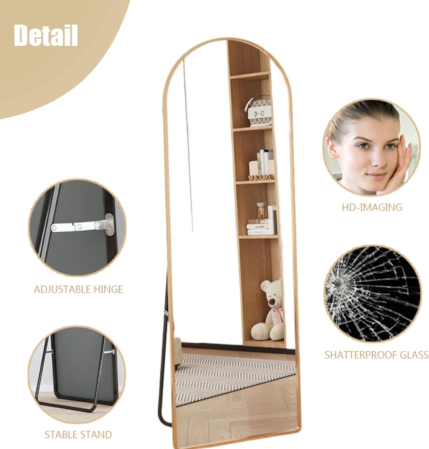 Arched Floor Mirror with Stand – Gold Full Body Dressing Mirror, Leaning or Hanging Wall Mirror