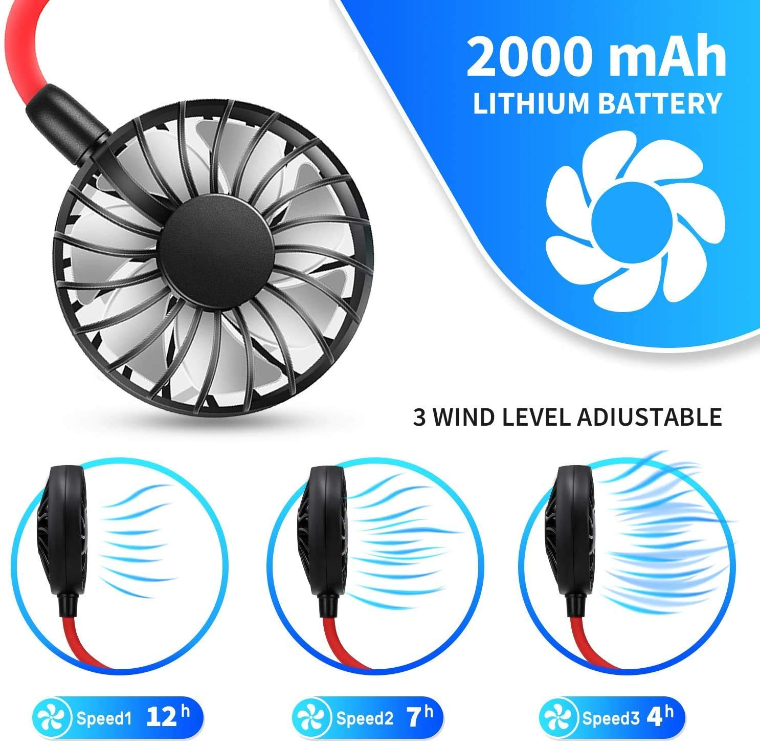 Portable Neck Fan Wearable Neckband, with 3 Level Air Flow- Blue color