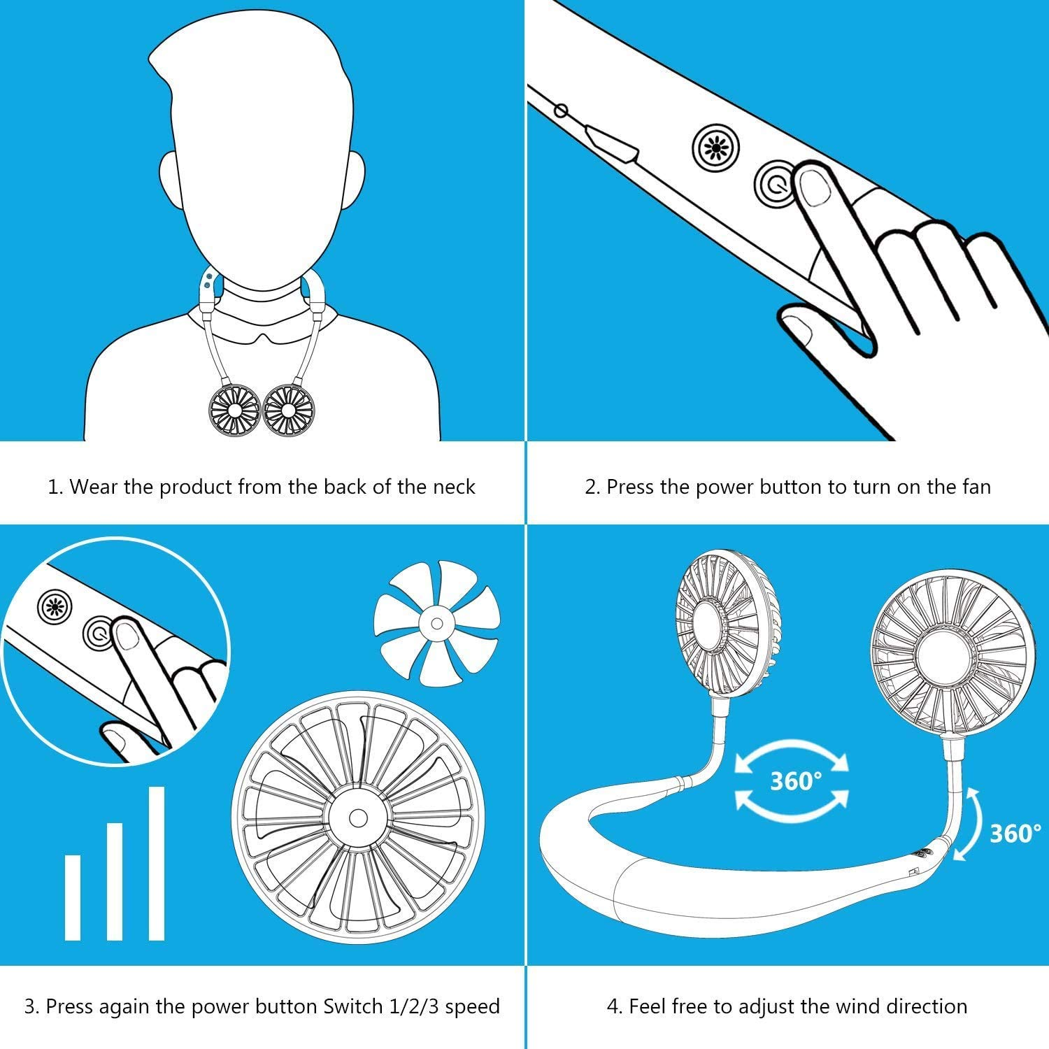 Portable Neck Fan Wearable Neckband, with 3 Level Air Flow- Blue color