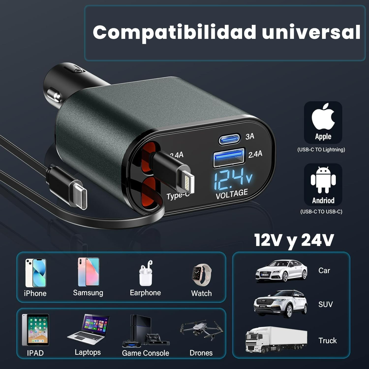 4 in 1 Car Charger 120W Turbo Charge, 4 Ports Fast Charging with Retractable Cables