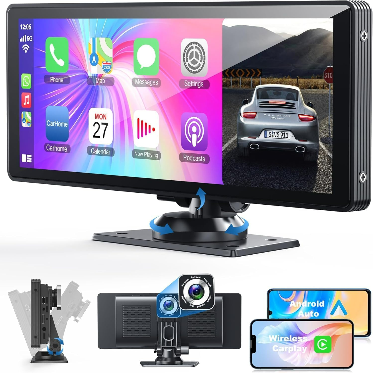 Portable Car AirPlay Stereo With 4K Dashcam, Rear Camera, Wireless CarPlay/Android Auto, Bluetooth, GPS Radio