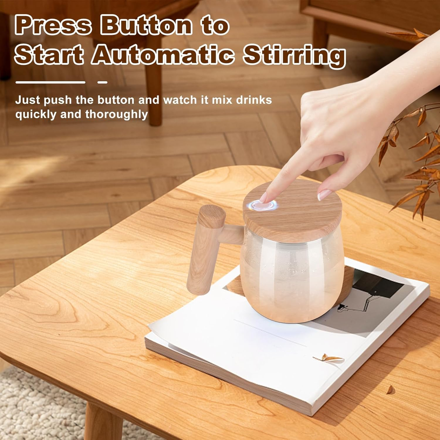 Self Stirring Coffee Mug, Glass Electric Self Mixing Cup with Lid & Handle