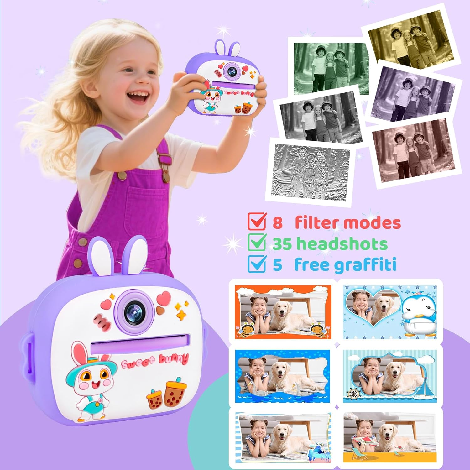 Kids Instant Print Camera with 2.4" Screen, 1080P HD Printer Camera