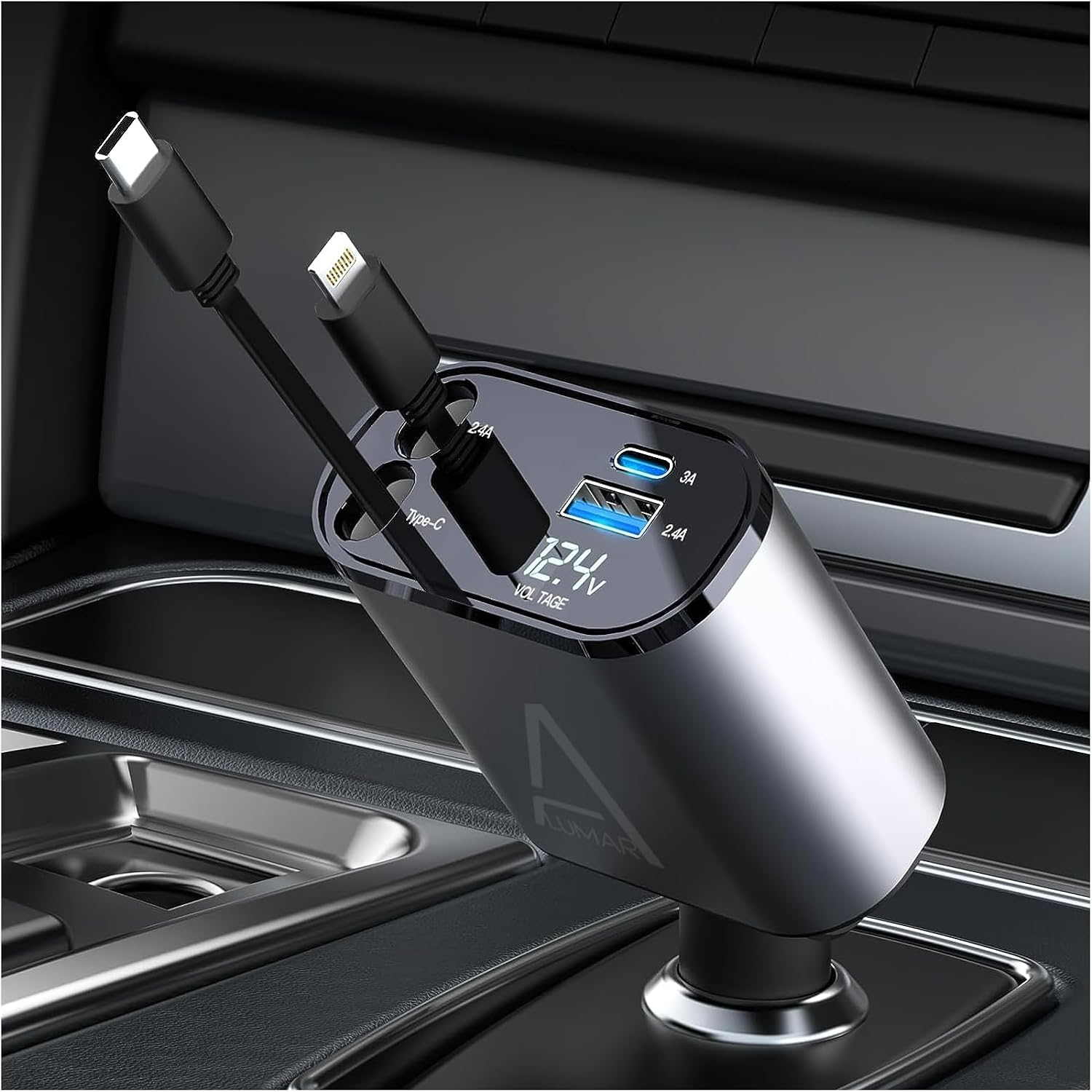 4 in 1 Car Charger 120W Turbo Charge, 4 Ports Fast Charging with Retractable Cables