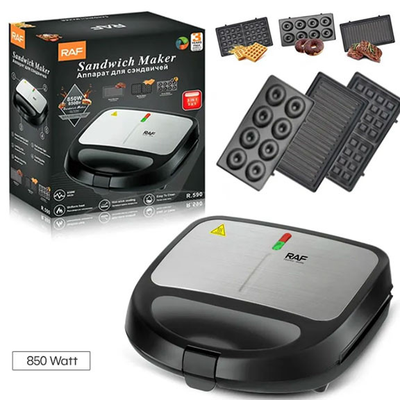 RAF 3-in-1 Toaster and Mini Donut Maker – Interchangeable Panels, 1000W Power, Grill and Donut Making R590