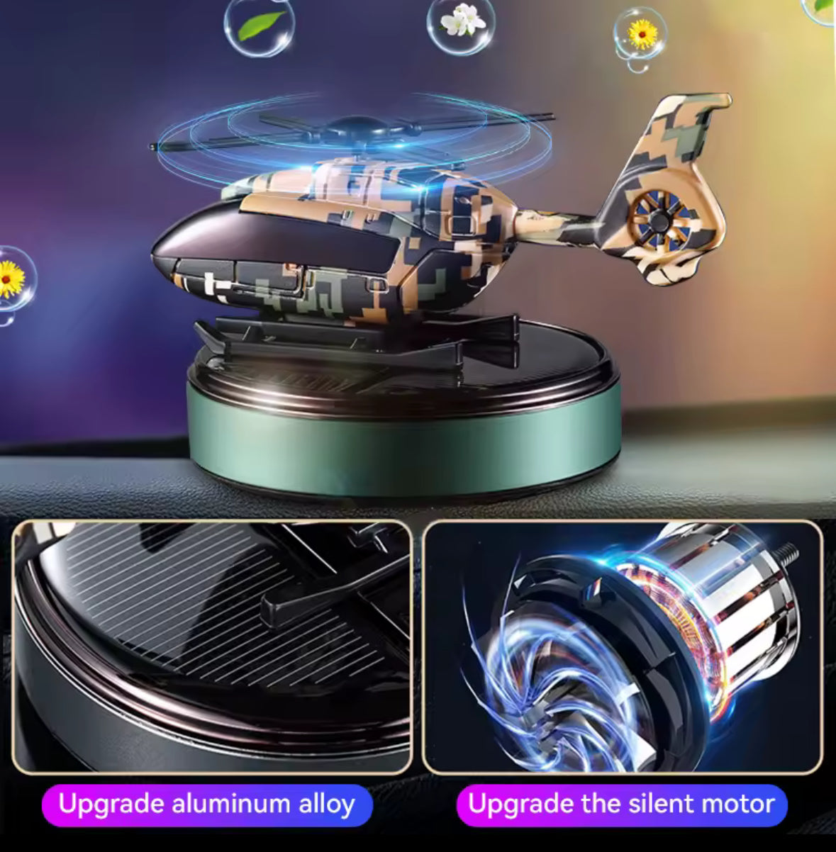 Solar Powered Helicopter Car Air Freshener  Rotating Aromatherapy Diffuser for Car, Home & Office