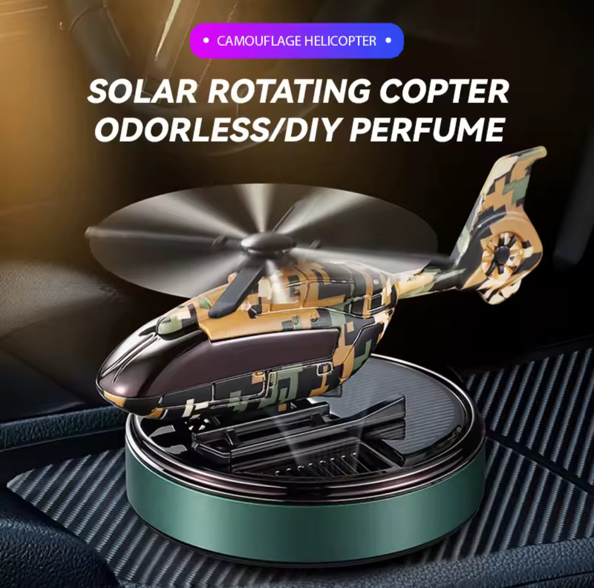 Solar Powered Helicopter Car Air Freshener  Rotating Aromatherapy Diffuser for Car, Home & Office