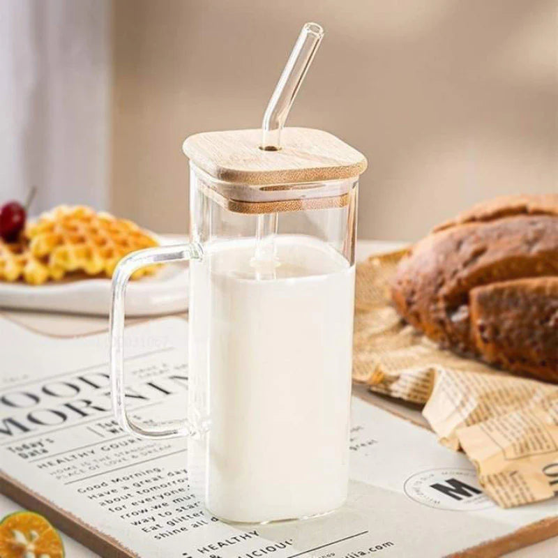 Coffee Can Shaped Glass with lid and straw 540ml