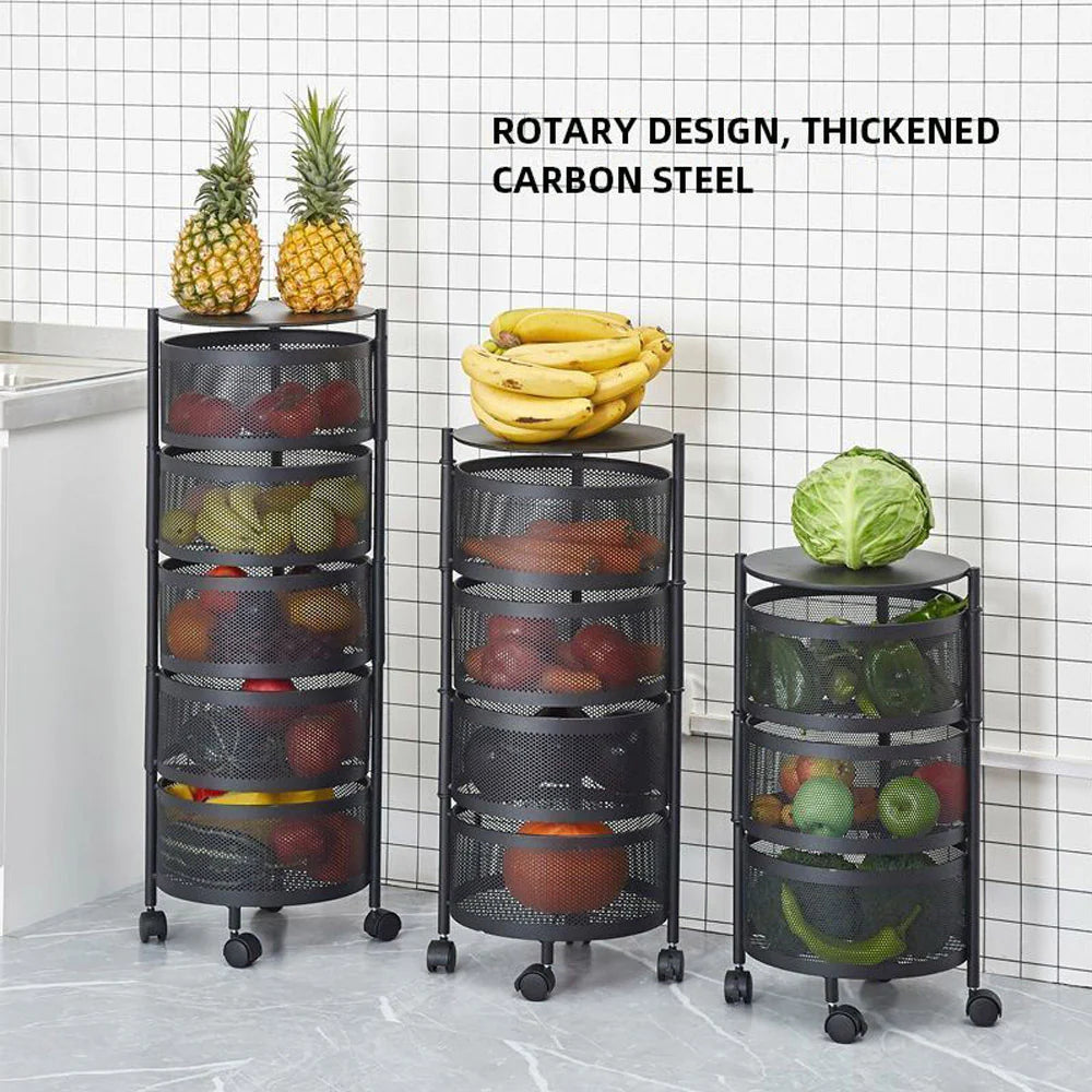 4  Layer Round Basket Kitchen Rotating Metal Storage Cages With Wheels Cart