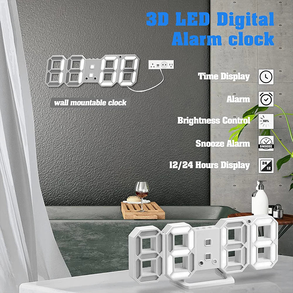 USB Digital 3D Alarm Clock, LED Numerals Time Clock With 3 Adjustable Brightness Levels