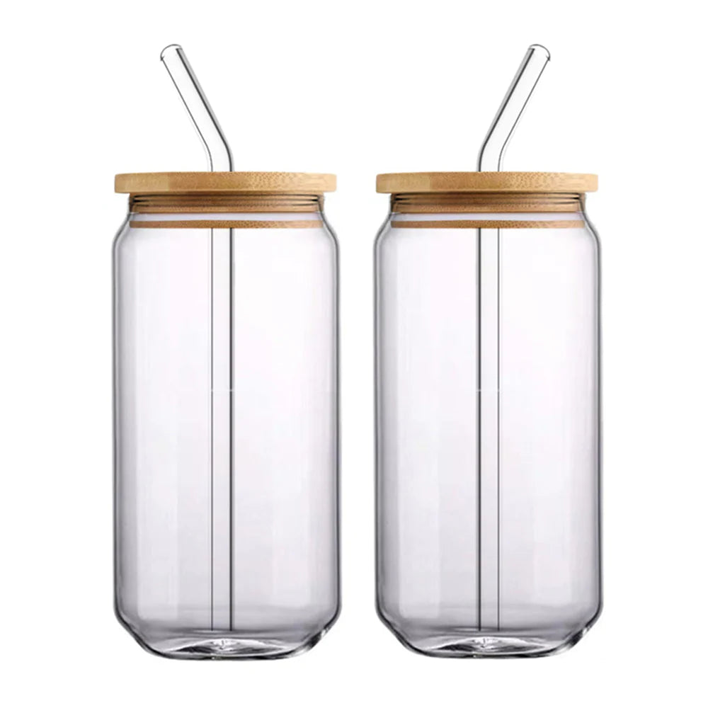 Coffee Can Shaped Glass with lid and straw 500ml