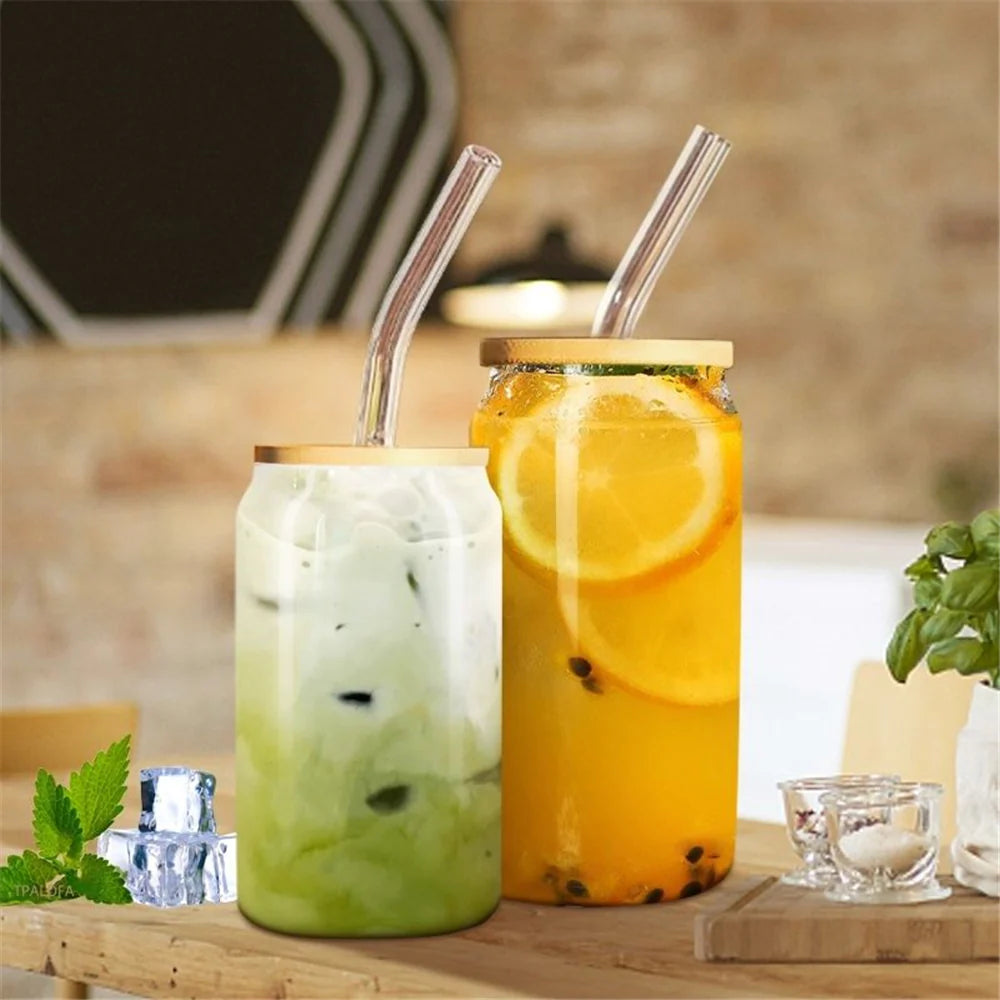 Coffee Can Shaped Glass with lid and straw 500ml