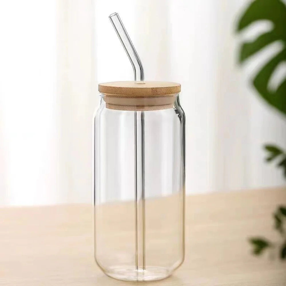 Drinking Glass Cup With Bamboo Lid And Straw 540ml