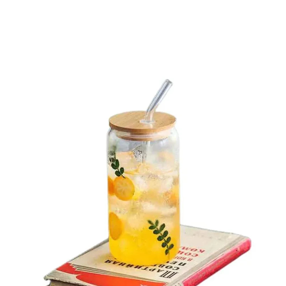 Drinking Glass Cup With Bamboo Lid And Straw 540ml