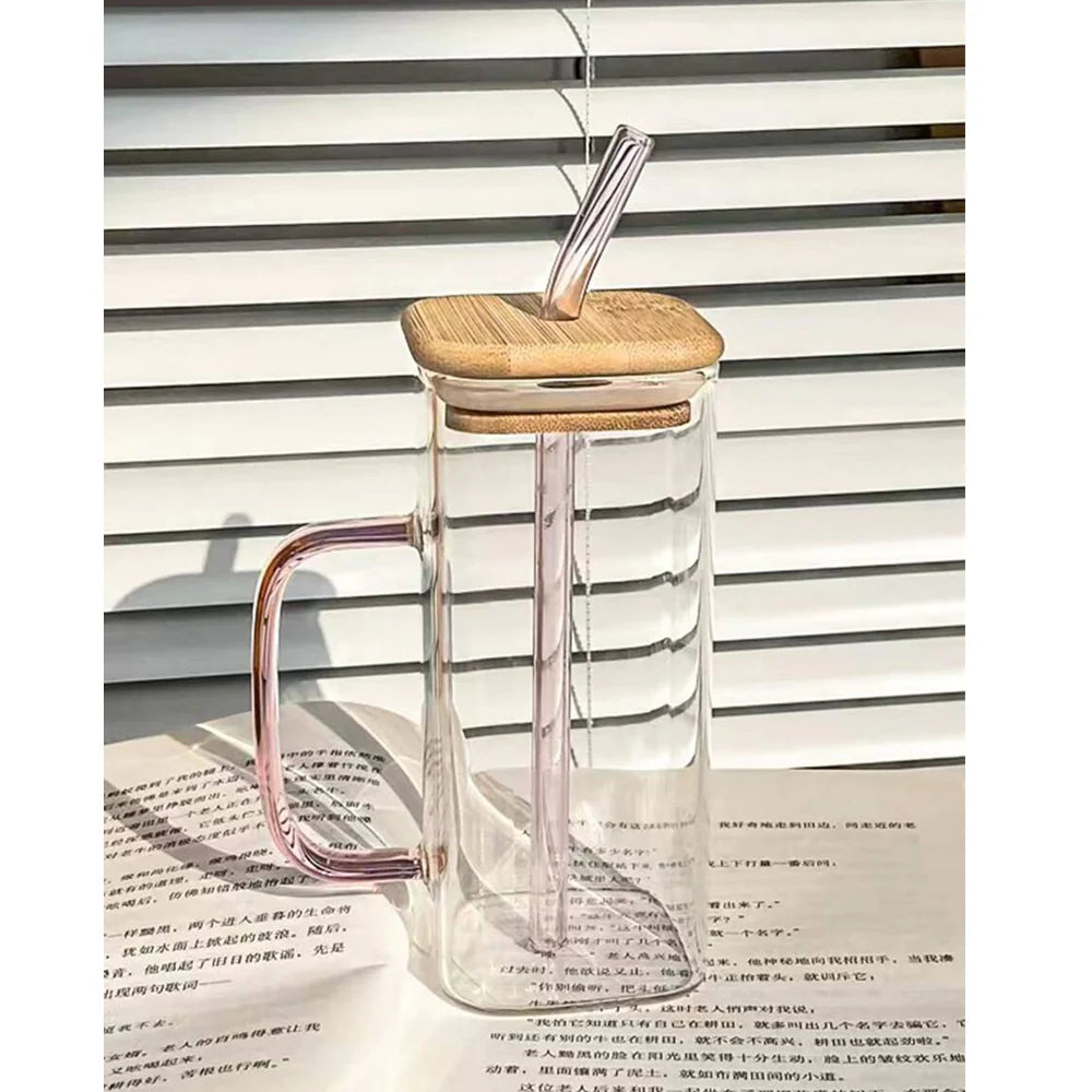 Coffee Can Shaped Glass with lid and straw 540ml