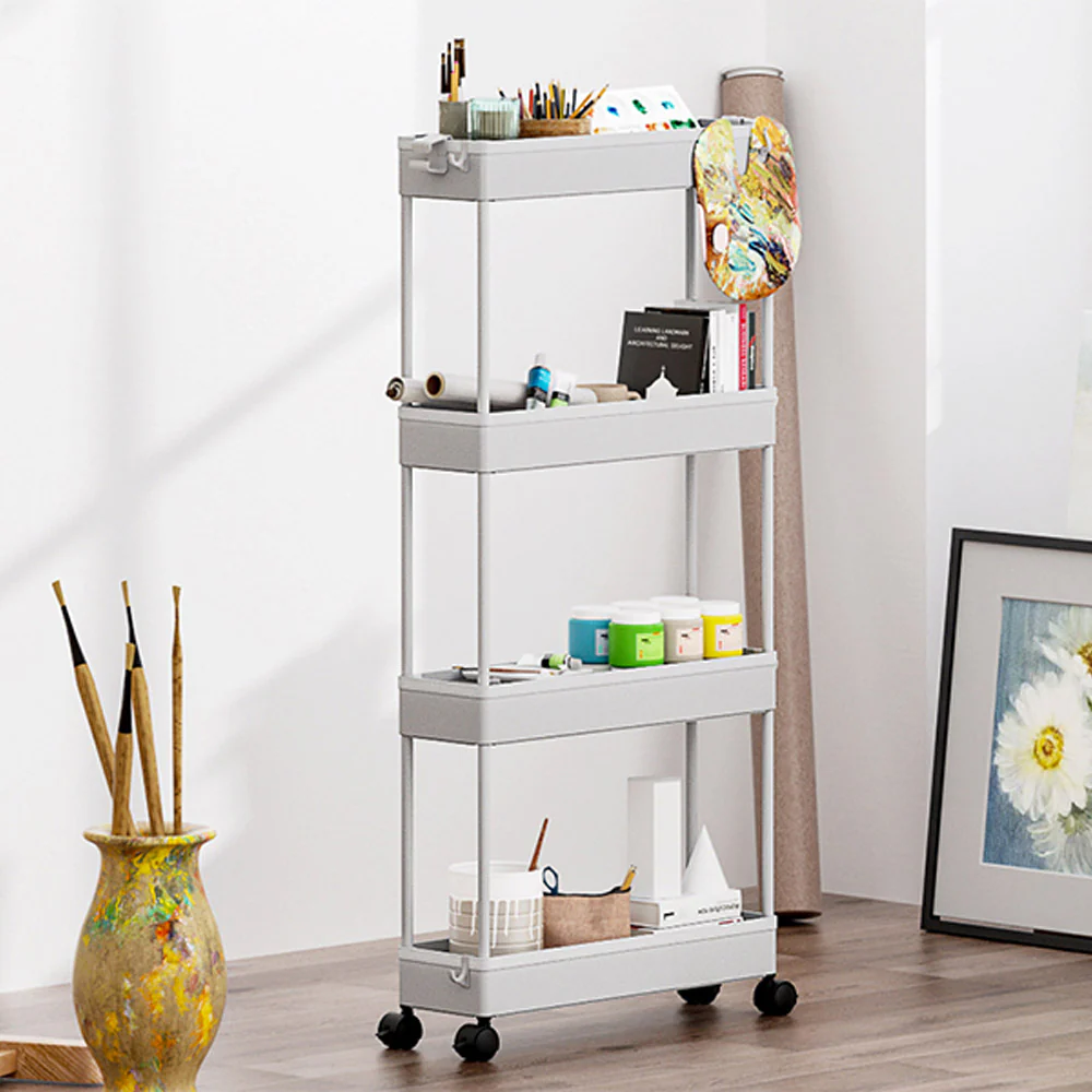 Multifunctional Floor Storage Shelves Rack Organiser with Wheels 4-Layer White