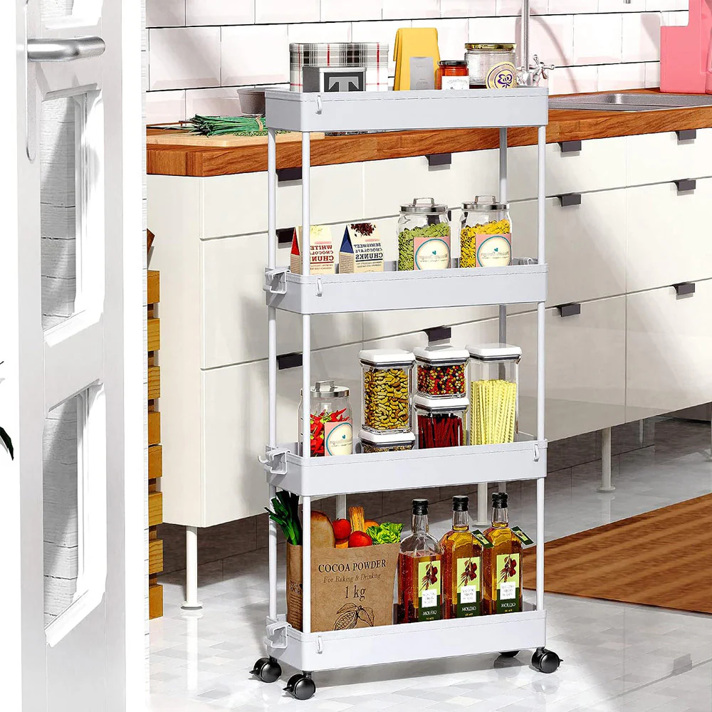 Multifunctional Floor Storage Shelves Rack Organiser with Wheels 4-Layer White