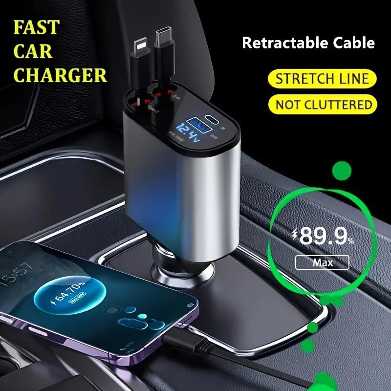 4 in 1 Car Charger 120W Turbo Charge, 4 Ports Fast Charging with Retractable Cables