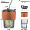 Coffee Mug Glass Tumbler With Silicone Straw and Lid 360 ml, Cup With Leather Sleeve