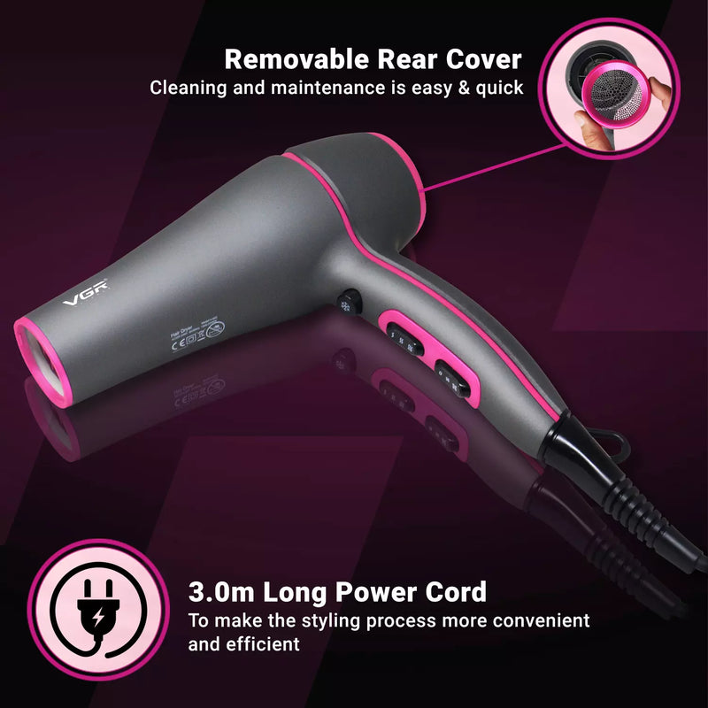 Vgr Professional Hair Dryer V402 - With Diffuser, Gray With Pink 2200W 3 Heating Settings