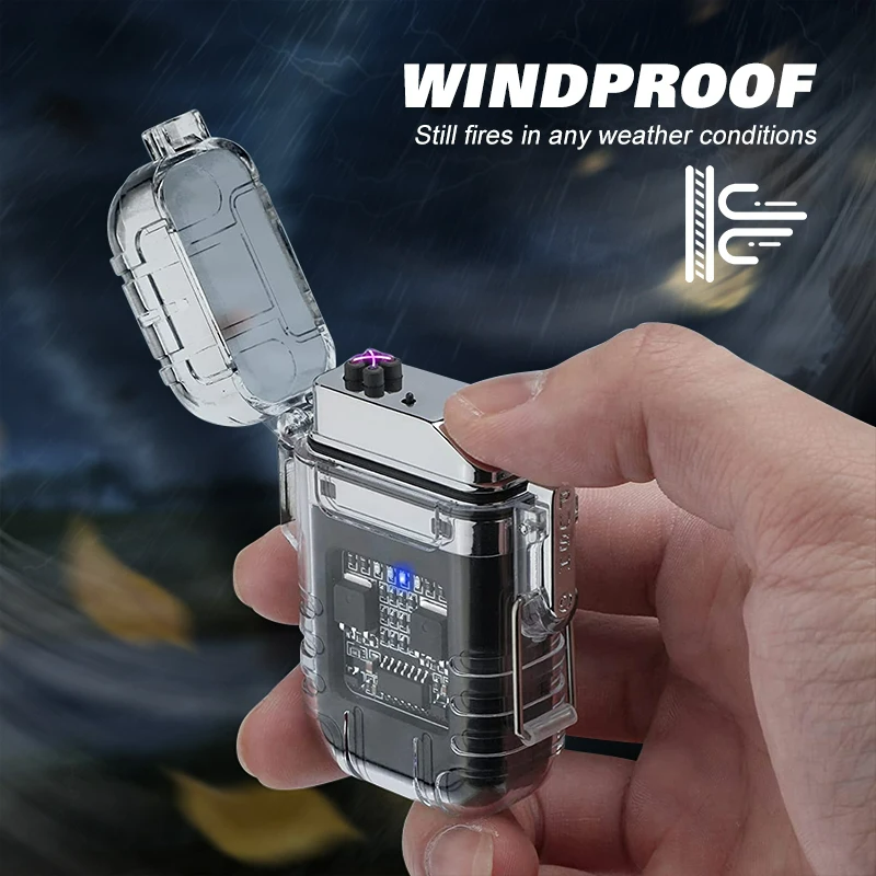 Waterproof Electric Torch Transparent Lighter, Windproof Plasma Lighter, USB Rechargeable, Outdoor Camping Gift, Dual ARC