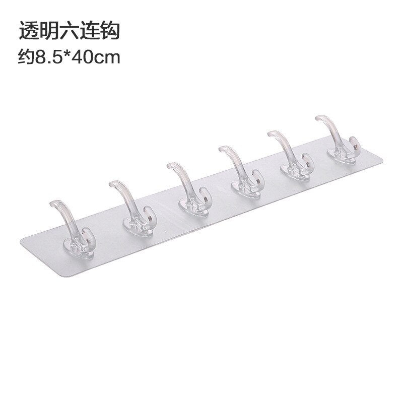 6 Row Transparent Wall Hook Strong Self Adhesive Door Wall Hangers for Kitchen Bathroom