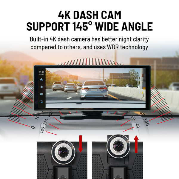 Portable Car AirPlay Stereo With 4K Dashcam, Rear Camera, Wireless CarPlay/Android Auto, Bluetooth, GPS Radio