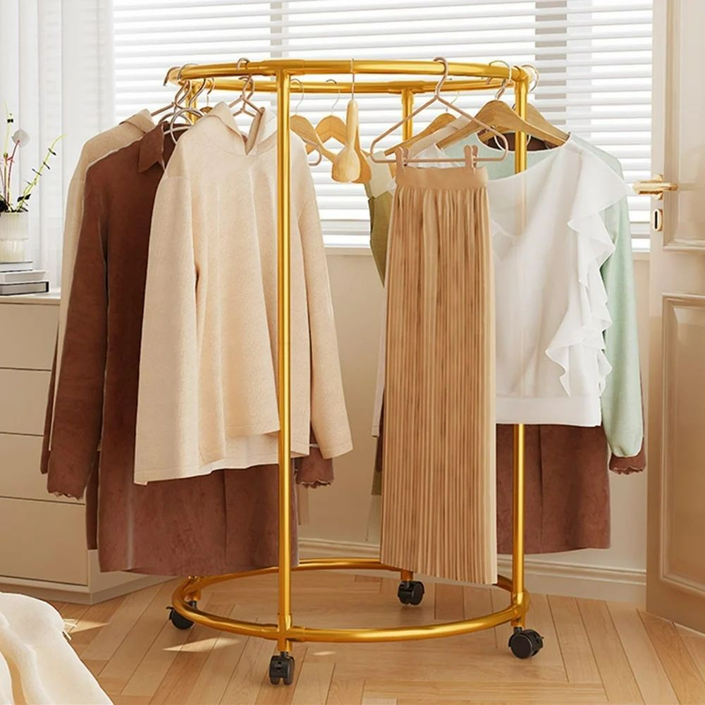Circular Cloth Display Rack Round Garment Rack – Freestanding Metal Clothing Display with Wheels ...