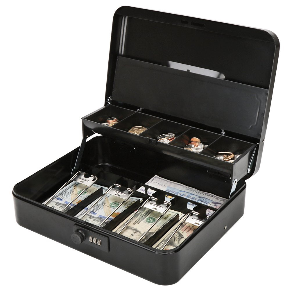 Large Metal Cash Safe Box with Money Tray