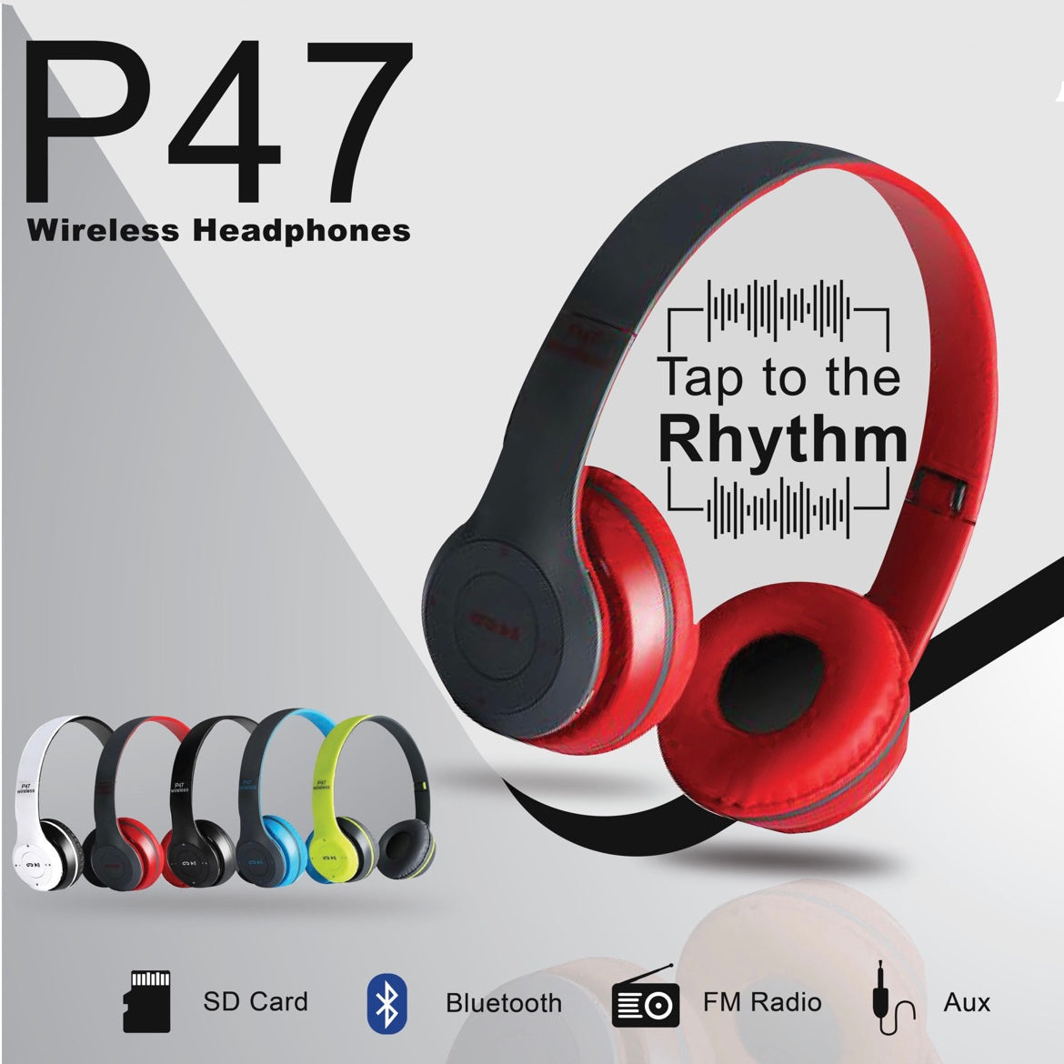 ORIGINAL P47 HIGH BASS WIRELESS BLUETOOTH FOLDABLE HEADPHONE WITH MICROPHONE SUPPORT